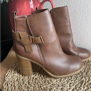 Brown Ankle Boot Bootie Zip Up Faux Leather w/ Strap - Block Heel